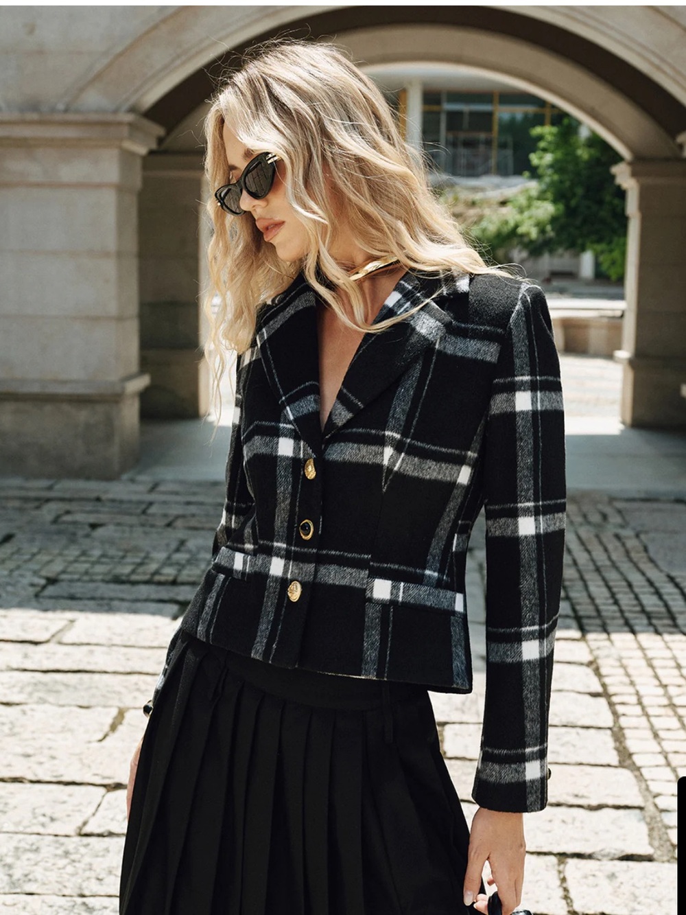 Commense Black & White Wool Plaid Tailored Blazer
